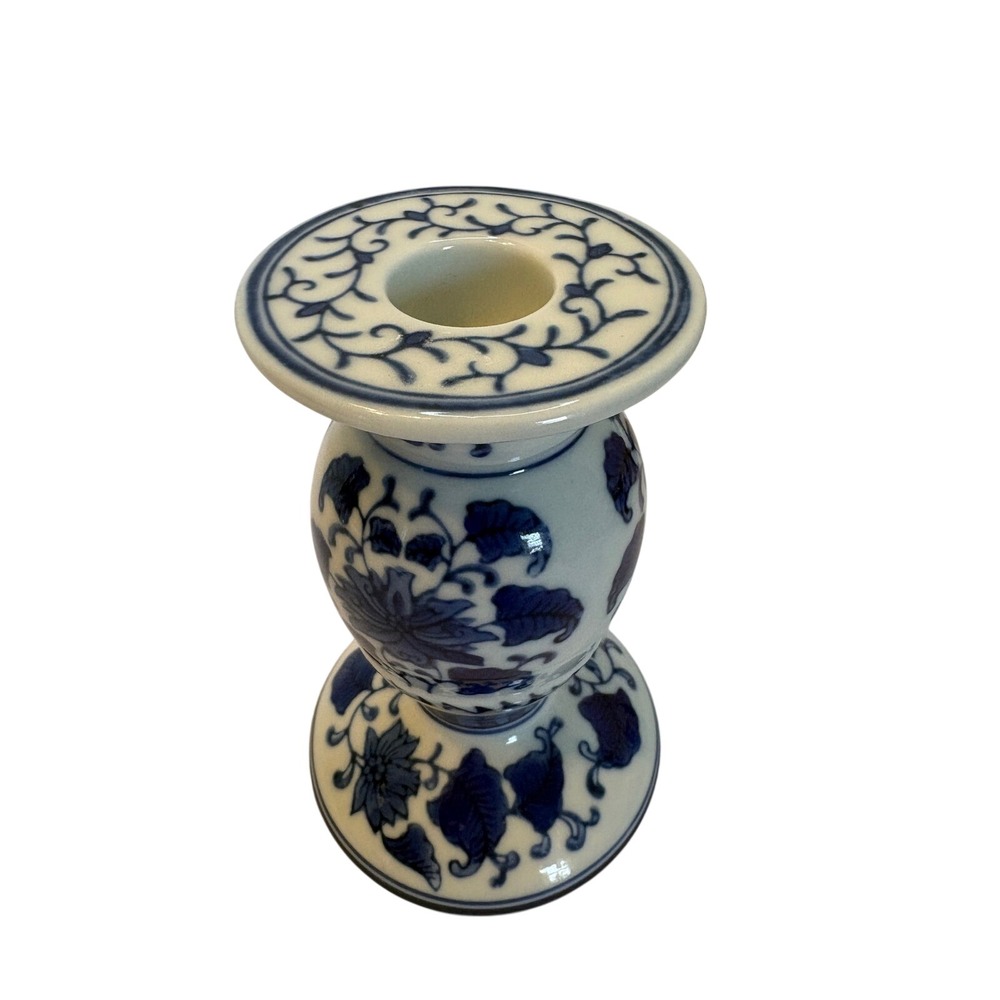 Chinoiserie Vintage Blue and White Porcelain Floral Taper Candlestick Holder